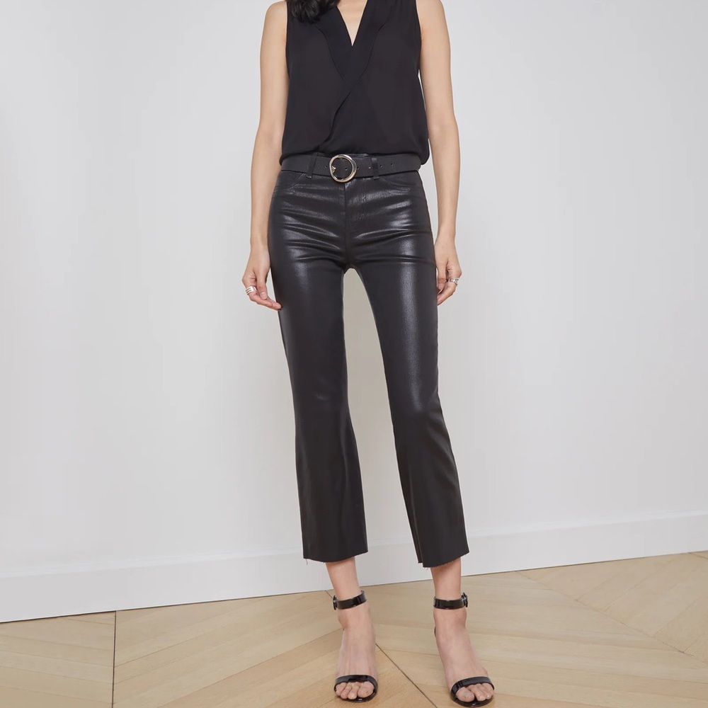 L'AGENCE Black Leather-Look Flare Crop Jeans